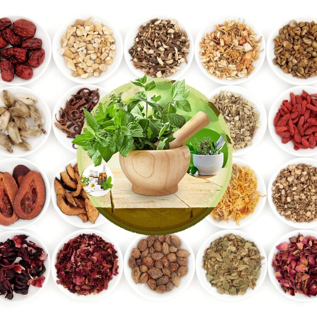 A collage of different types of food and herbs.